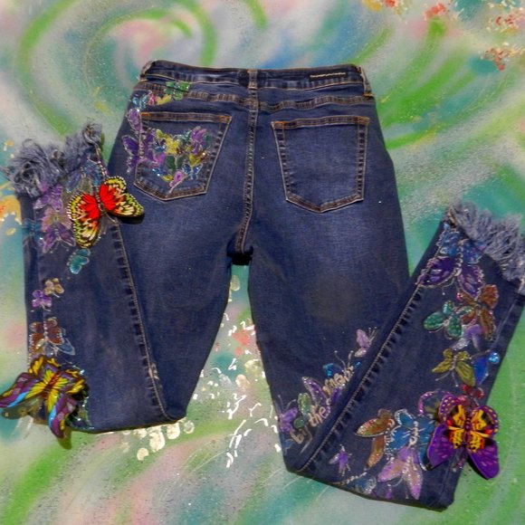Hand Crafted Denim - OOAK Metamorphosis butterfly statement jeans hand painted artisan denim SMALL